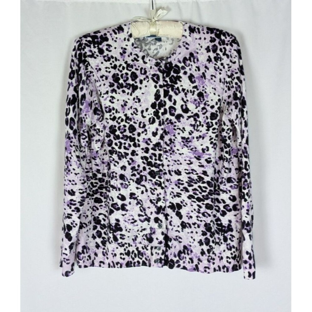 Karen Scott Cardigan L Womens White Animal Print Button Down Long Sleeve Sweater